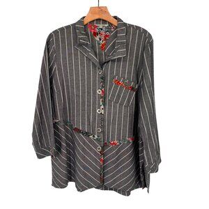 John Mark Gray  Floral Striped Button-Up Blouse tunic Pocket  size medium